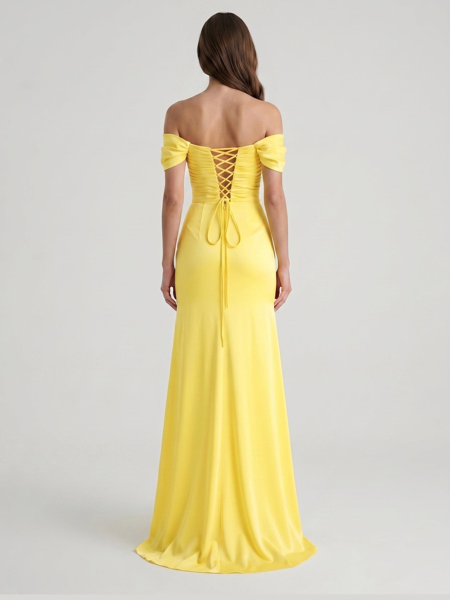 Lemon Satin A-Line Off-Shoulder Criss-Cross Floor-Length Bridesmaid Dress with 3D Flowers - Curvevia
