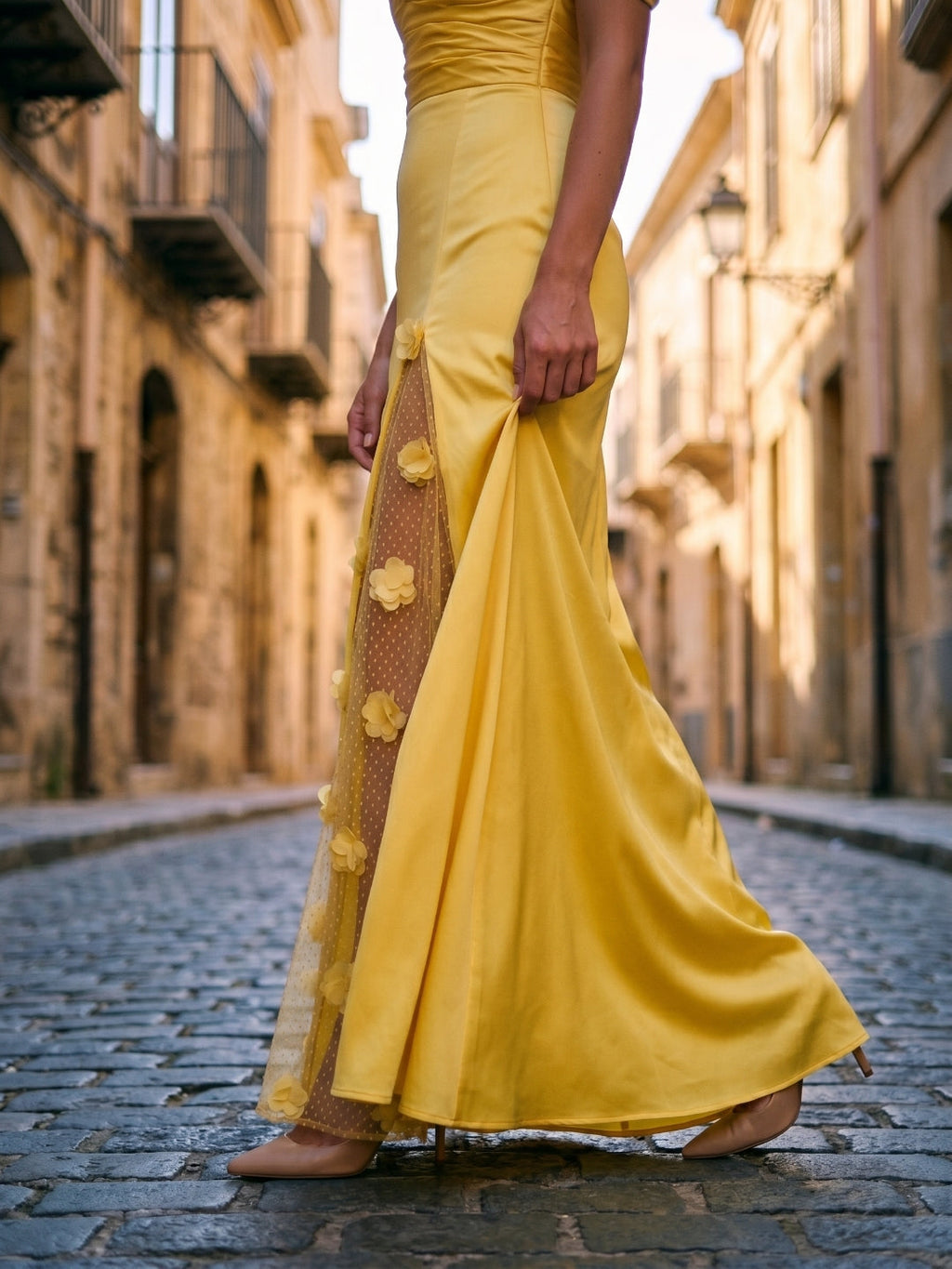 Lemon Satin A-Line Off-Shoulder Criss-Cross Floor-Length Bridesmaid Dress with 3D Flowers - Curvevia