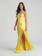 Lemon Satin A-Line Sweetheart Back Zip Floor-Length Bridesmaid Dress with Pleats - Curvevia