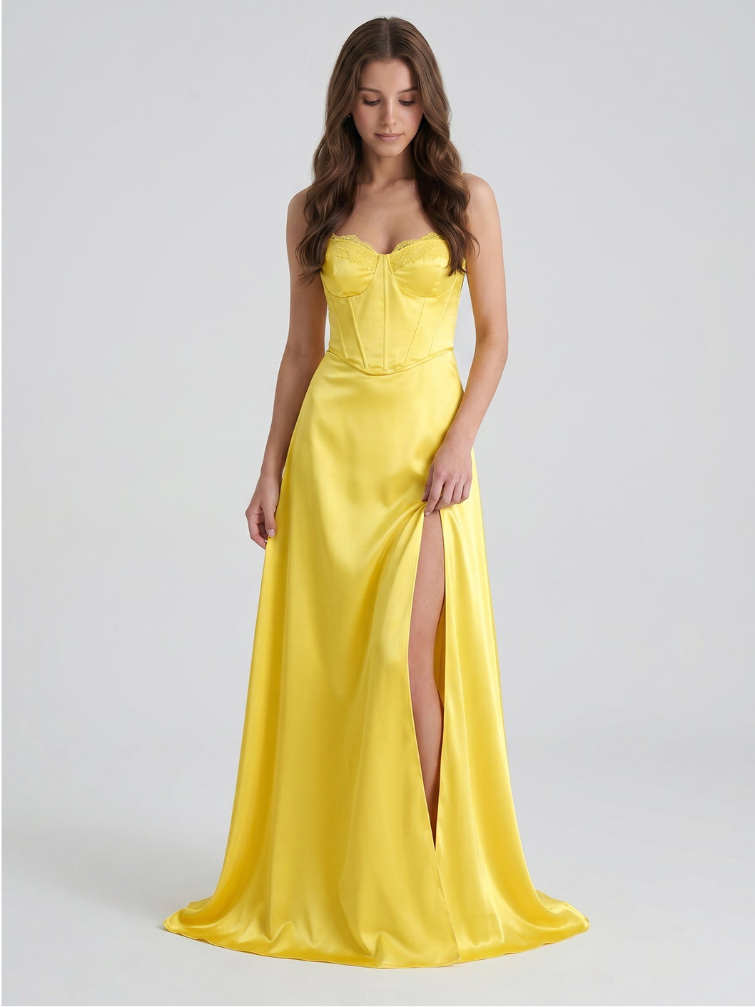 Lemon Satin A-Line Sweetheart Back Zip Floor-Length Bridesmaid Dress with Pleats - Curvevia