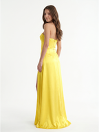 Lemon Satin A-Line Sweetheart Back Zip Floor-Length Bridesmaid Dress with Pleats - Curvevia
