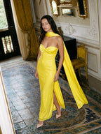 Lemon Satin Column Square Neck Backless Floor-Length Bridesmaid Dress - Curvevia