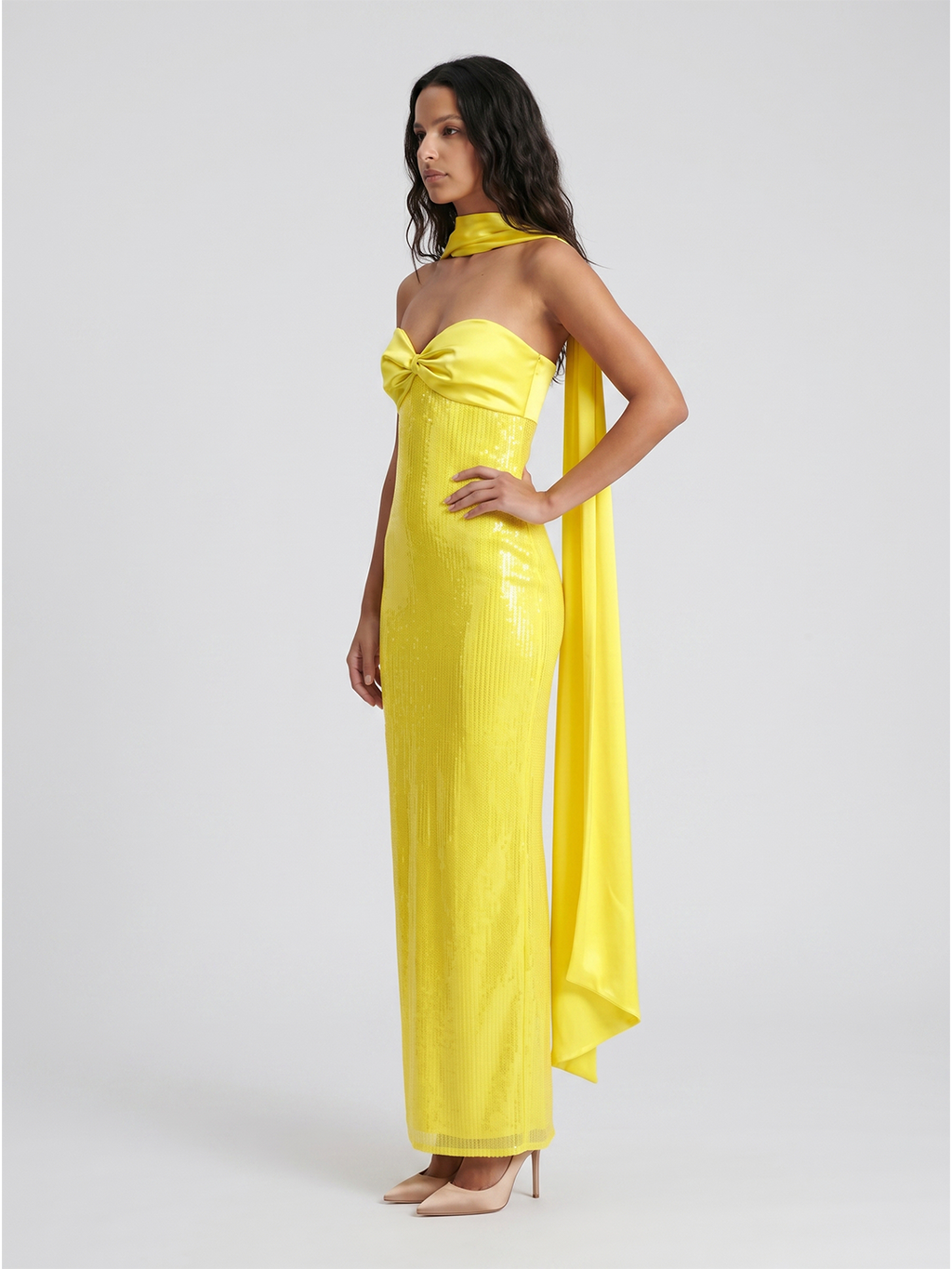 Lemon Satin Column Square Neck Backless Floor-Length Bridesmaid Dress - Curvevia