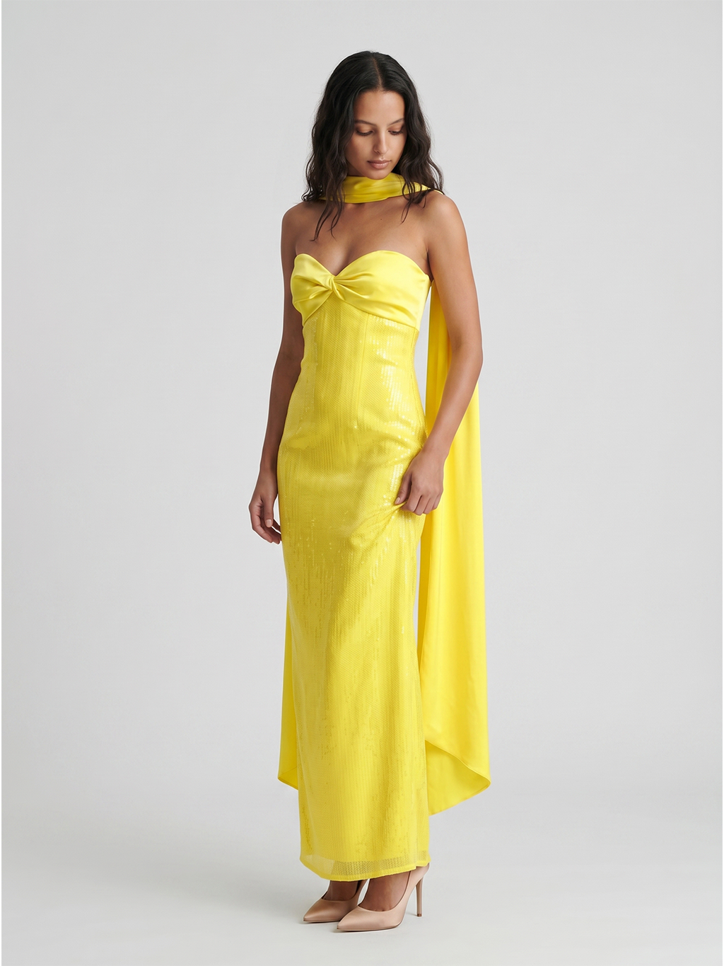 Lemon Satin Column Square Neck Backless Floor-Length Bridesmaid Dress - Curvevia