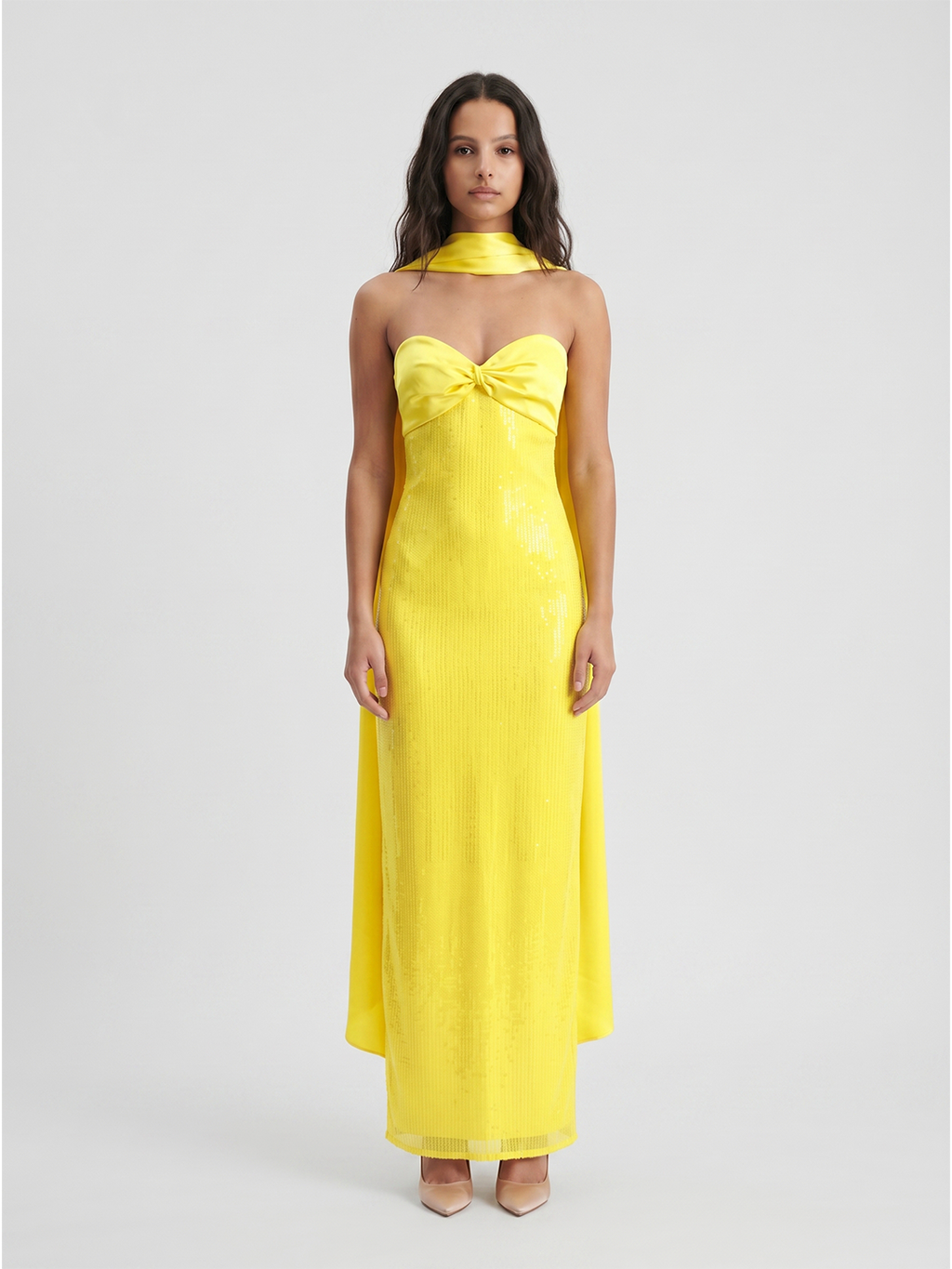 Lemon Satin Column Square Neck Backless Floor-Length Bridesmaid Dress - Curvevia