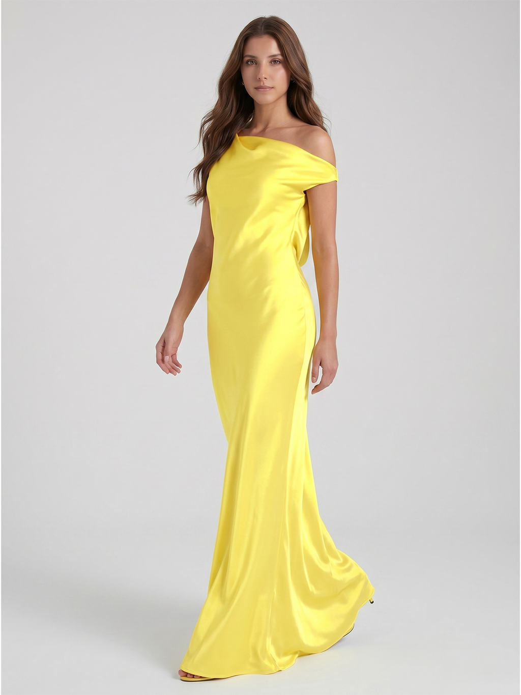 Lemon Satin Sheath One Shoulder Backless Asymmetrical Bridesmaid Dress with Pleats - Curvevia