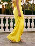 Lemon Satin Sheath One Shoulder Backless Asymmetrical Bridesmaid Dress with Pleats - Curvevia