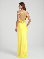 Lemon Satin Sheath One Shoulder Backless Asymmetrical Bridesmaid Dress with Pleats - Curvevia