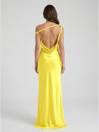 Lemon Satin Sheath One Shoulder Backless Asymmetrical Bridesmaid Dress with Pleats - Curvevia