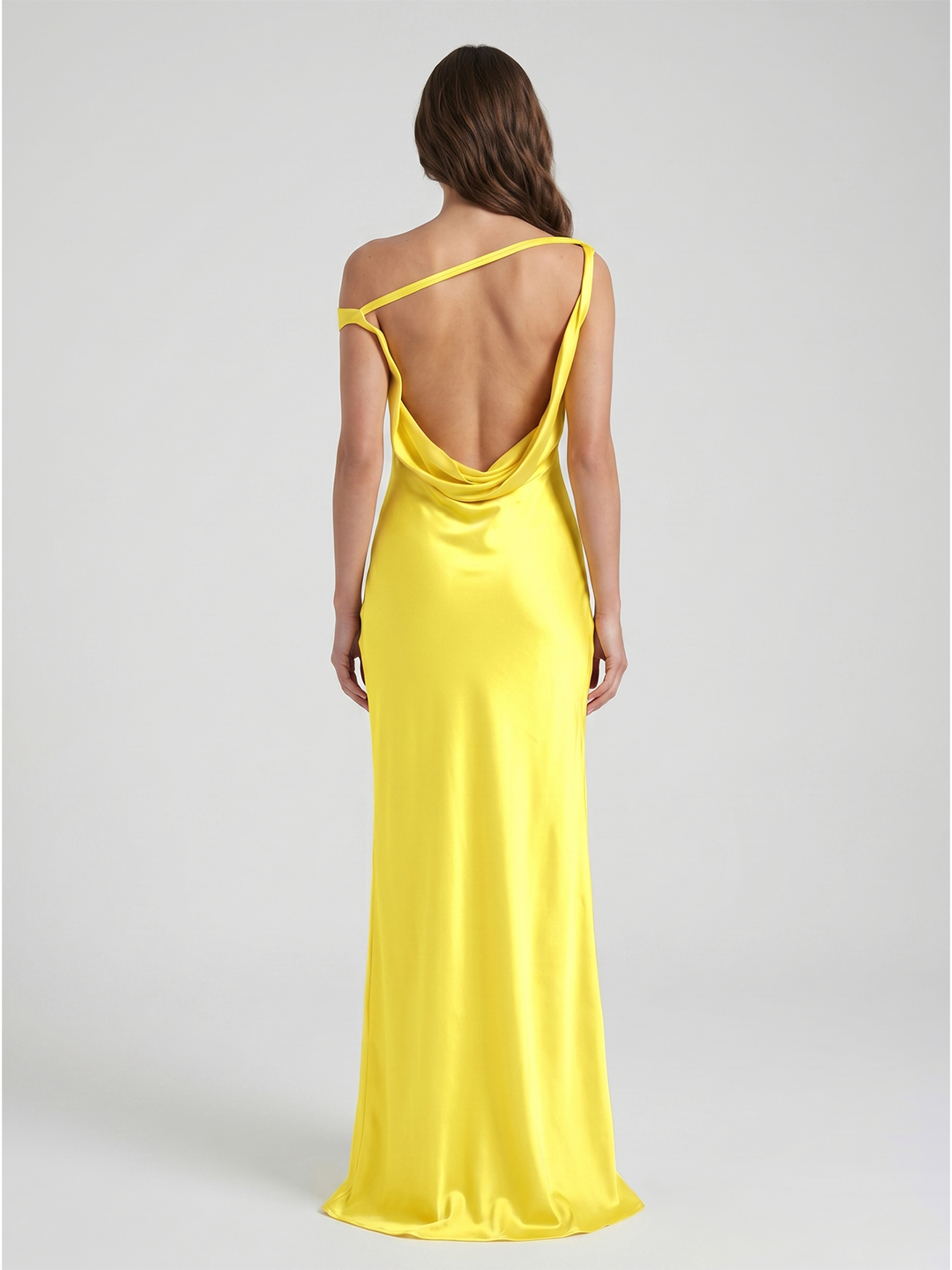 Lemon Satin Sheath One Shoulder Backless Asymmetrical Bridesmaid Dress with Pleats - Curvevia