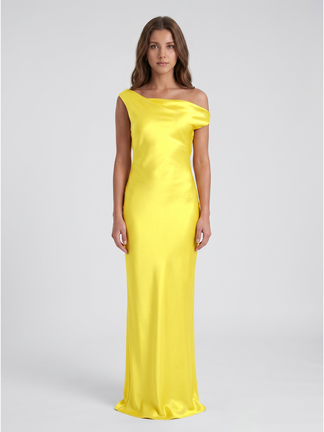 Lemon Satin Sheath One Shoulder Backless Asymmetrical Bridesmaid Dress with Pleats - Curvevia
