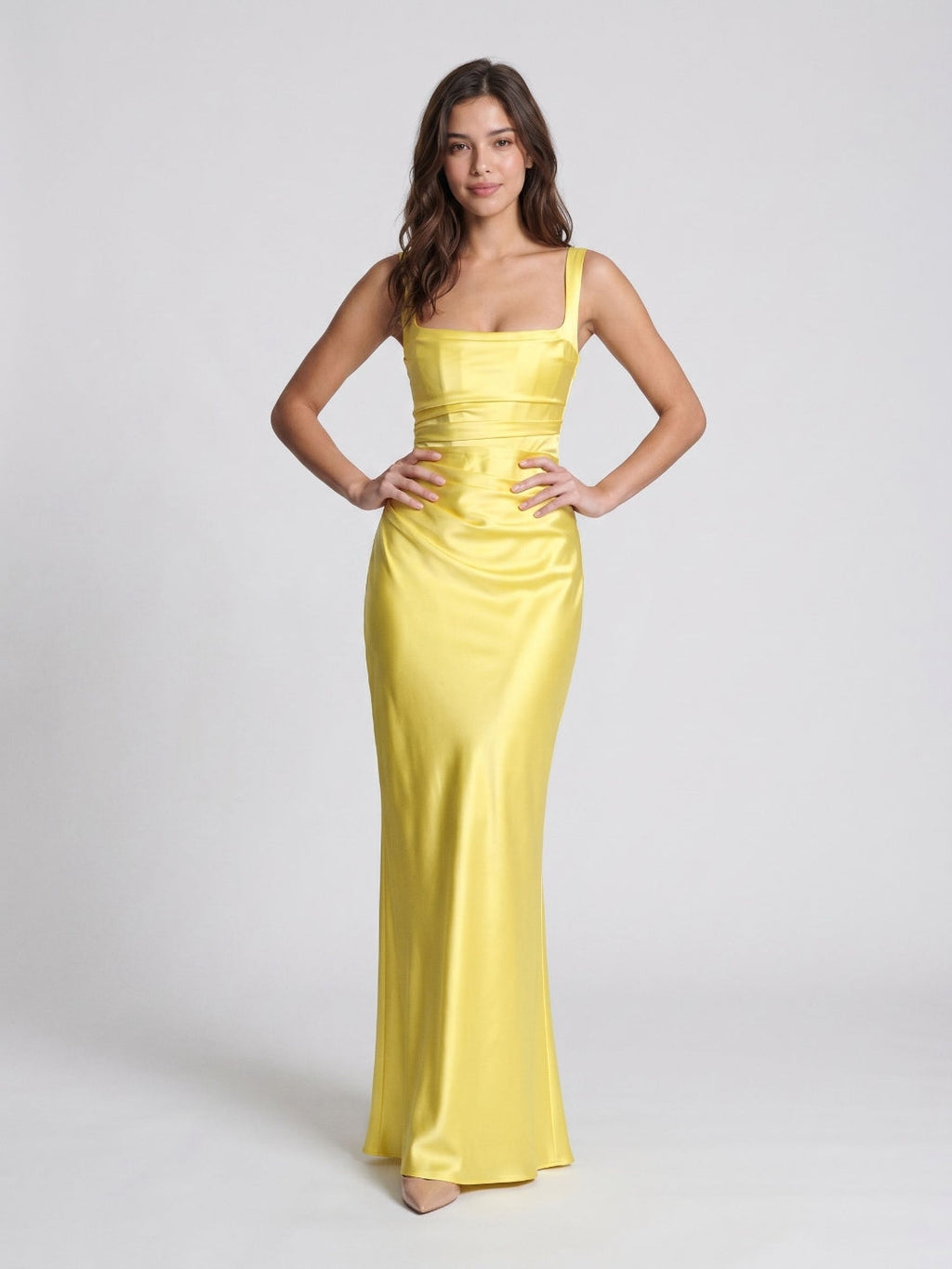 Lemon Satin Sheath Square Neck Corset Back Floor-Length Formal Dress with Pleating - Curvevia