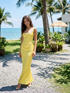 Lemon Satin Sheath Square Neck Corset Back Floor-Length Formal Dress with Pleating - Curvevia
