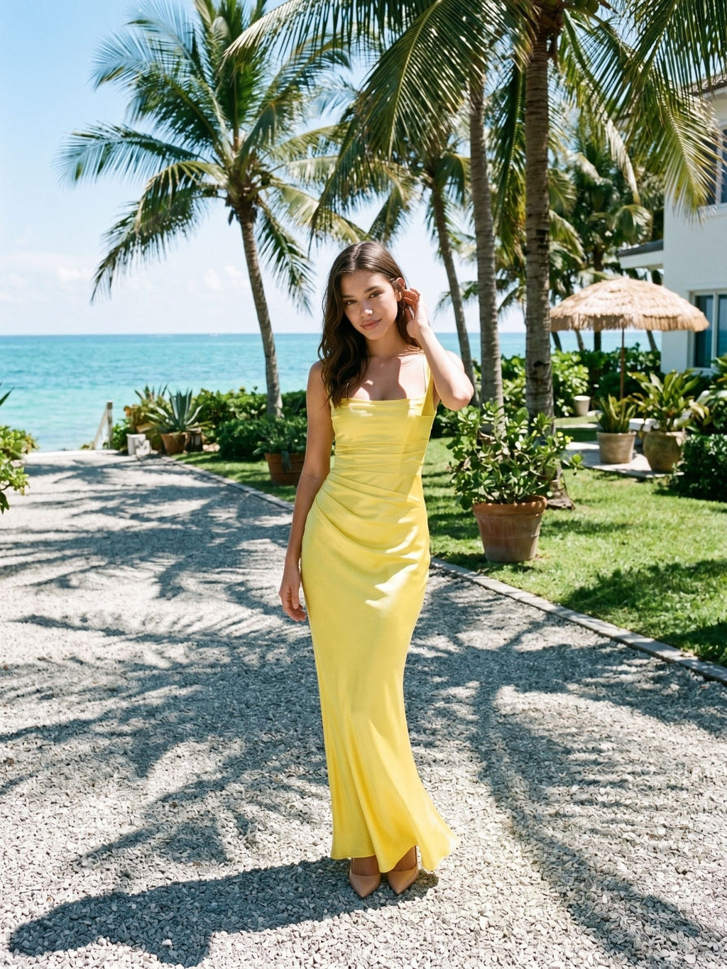 Lemon Satin Sheath Square Neck Corset Back Floor-Length Formal Dress with Pleating - Curvevia