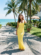 Lemon Satin Sheath Square Neck Corset Back Floor-Length Formal Dress with Pleating - Curvevia