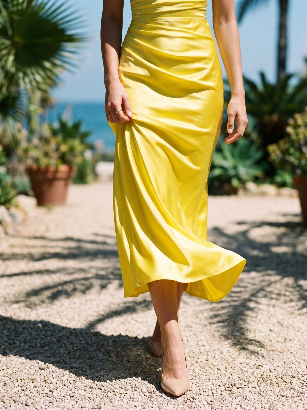 Lemon Satin Sheath Square Neck Corset Back Floor-Length Formal Dress with Pleating - Curvevia
