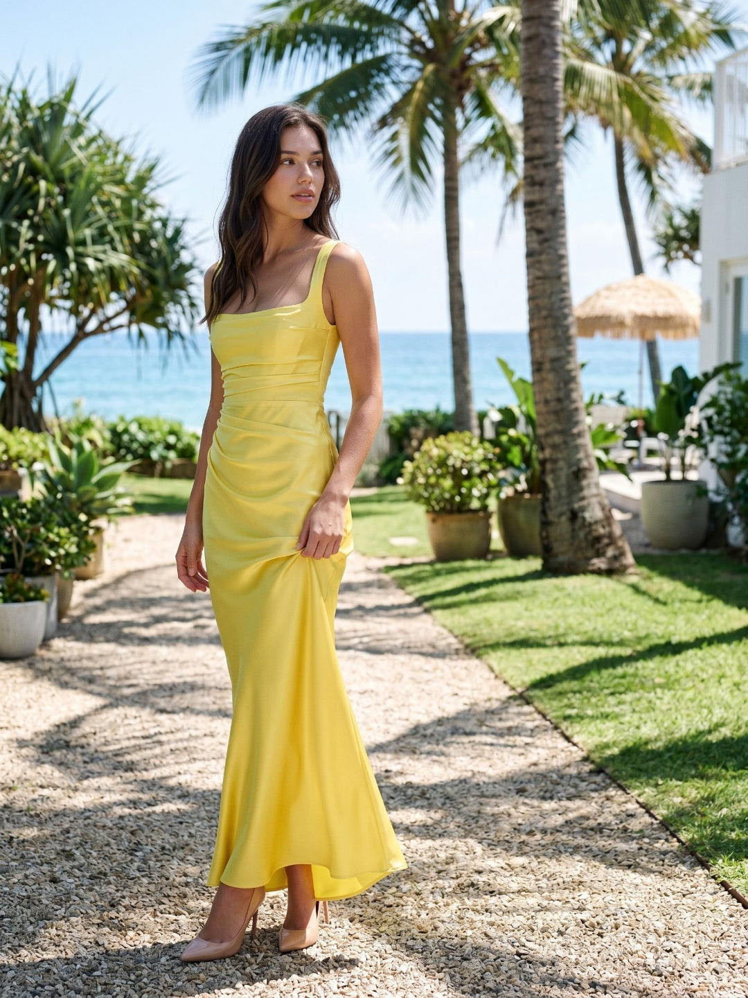 Lemon Satin Sheath Square Neck Corset Back Floor-Length Formal Dress with Pleating - Curvevia