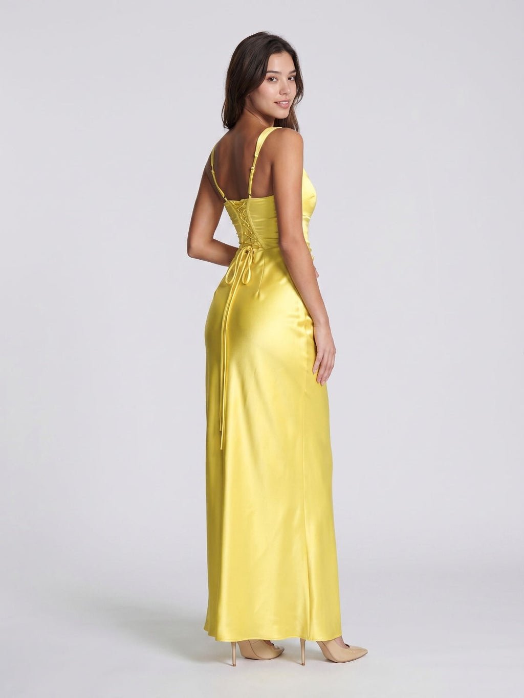 Lemon Satin Sheath Square Neck Corset Back Floor-Length Formal Dress with Pleating - Curvevia