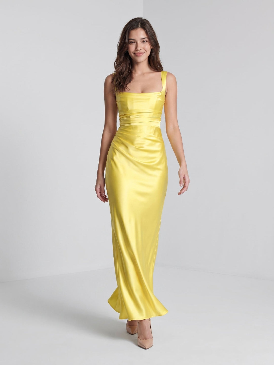 Lemon Satin Sheath Square Neck Corset Back Floor-Length Formal Dress with Pleating - Curvevia
