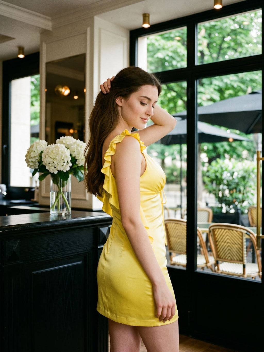 Lemon Satin Sheath V-Neck Backless Short Dress with Ruffles - Curvevia
