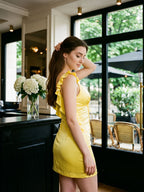 Lemon Satin Sheath V-Neck Backless Short Dress with Ruffles - Curvevia