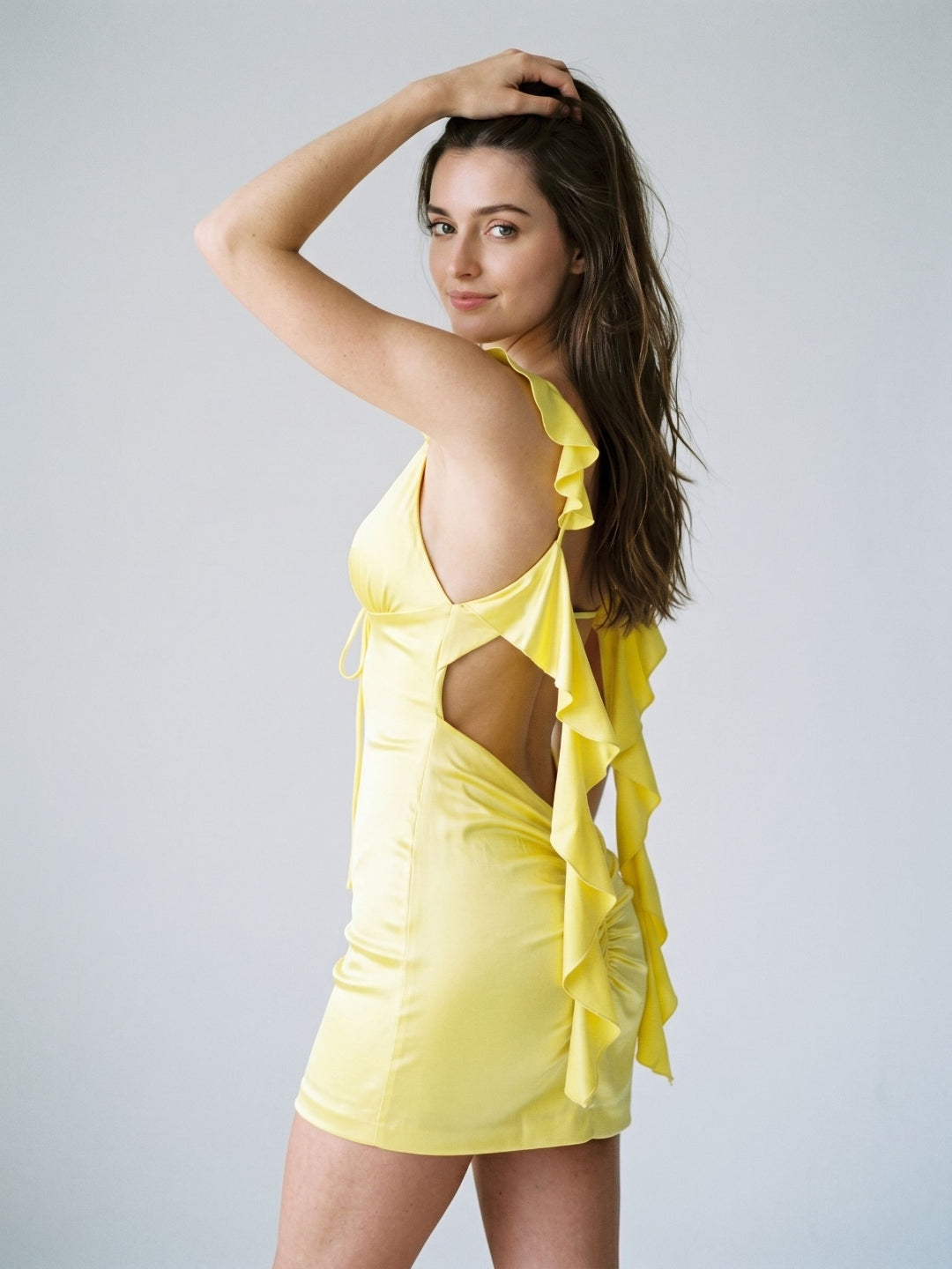 Lemon Satin Sheath V-Neck Backless Short Dress with Ruffles - Curvevia