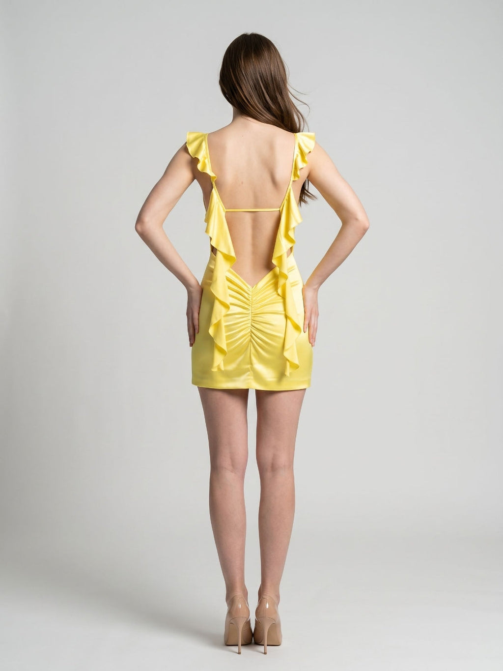 Lemon Satin Sheath V-Neck Backless Short Dress with Ruffles - Curvevia