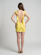 Lemon Satin Sheath V-Neck Backless Short Dress with Ruffles - Curvevia