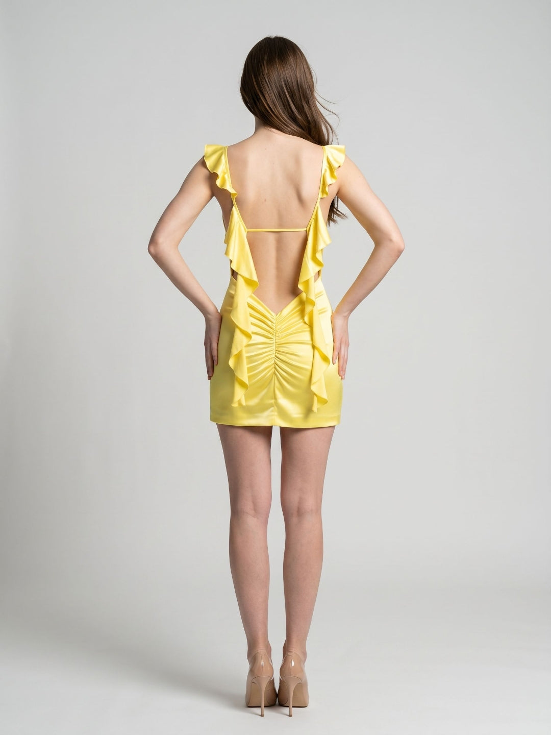 Lemon Satin Sheath V-Neck Backless Short Dress with Ruffles - Curvevia