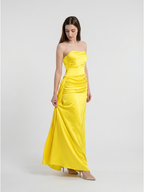 Lemon Satin Trumpet Straight Neck Backless Floor-Length Bridesmaid Dress with Pleats - Curvevia