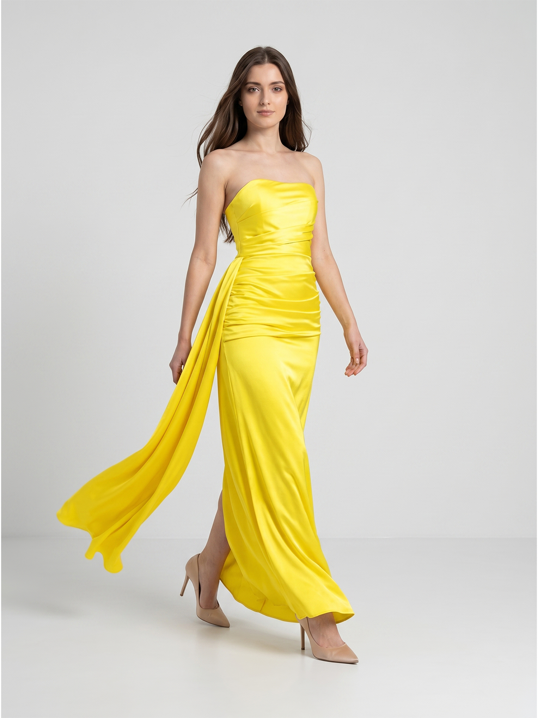 Lemon Satin Trumpet Straight Neck Backless Floor-Length Bridesmaid Dress with Pleats - Curvevia