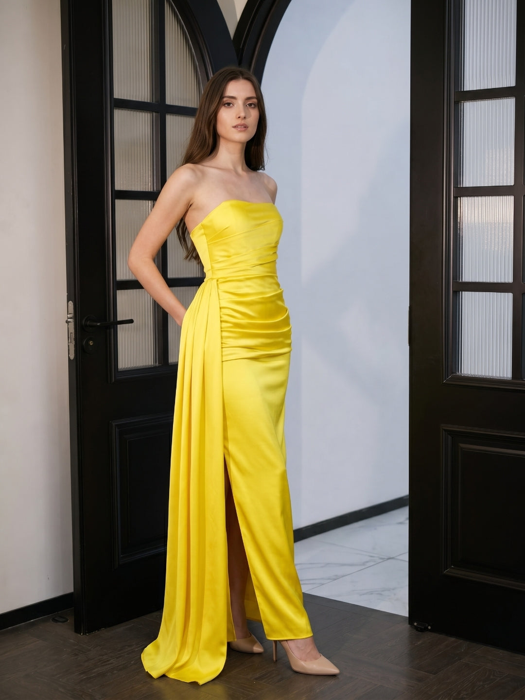 Lemon Satin Trumpet Straight Neck Backless Floor-Length Bridesmaid Dress with Pleats - Curvevia
