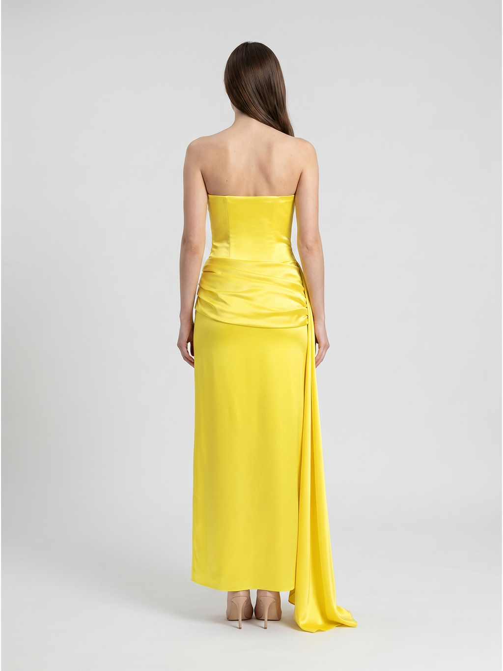 Lemon Satin Trumpet Straight Neck Backless Floor-Length Bridesmaid Dress with Pleats - Curvevia