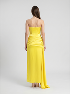 Lemon Satin Trumpet Straight Neck Backless Floor-Length Bridesmaid Dress with Pleats - Curvevia