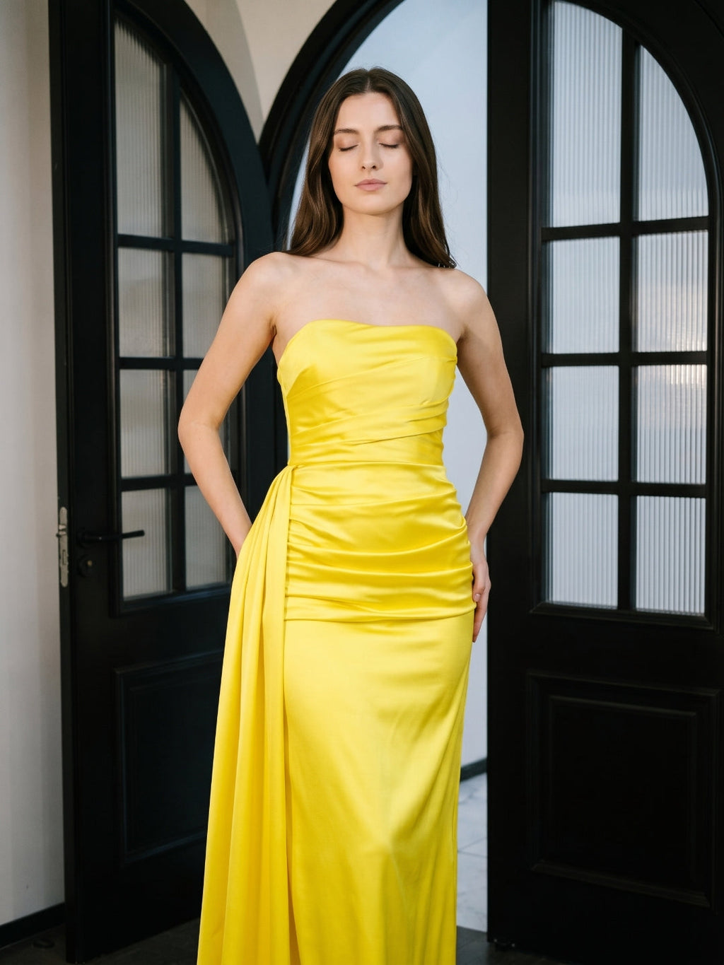 Lemon Satin Trumpet Straight Neck Backless Floor-Length Bridesmaid Dress with Pleats - Curvevia
