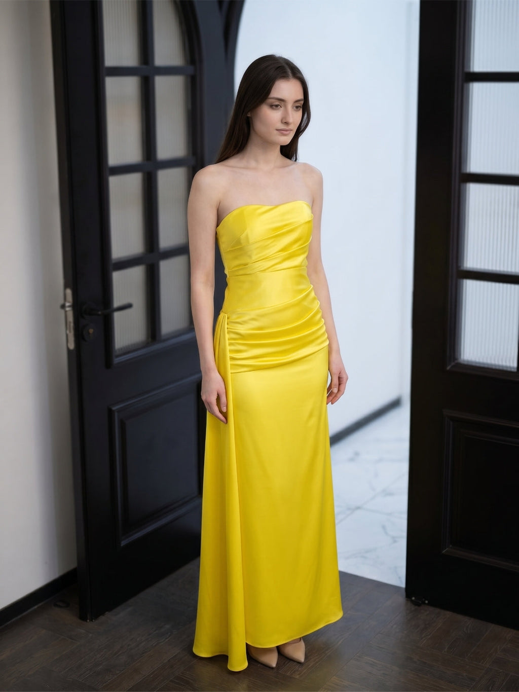 Lemon Satin Trumpet Straight Neck Backless Floor-Length Bridesmaid Dress with Pleats - Curvevia