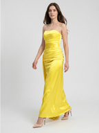 Lemon Satin Trumpet Straight Neck Backless Floor-Length Bridesmaid Dress with Pleats - Curvevia