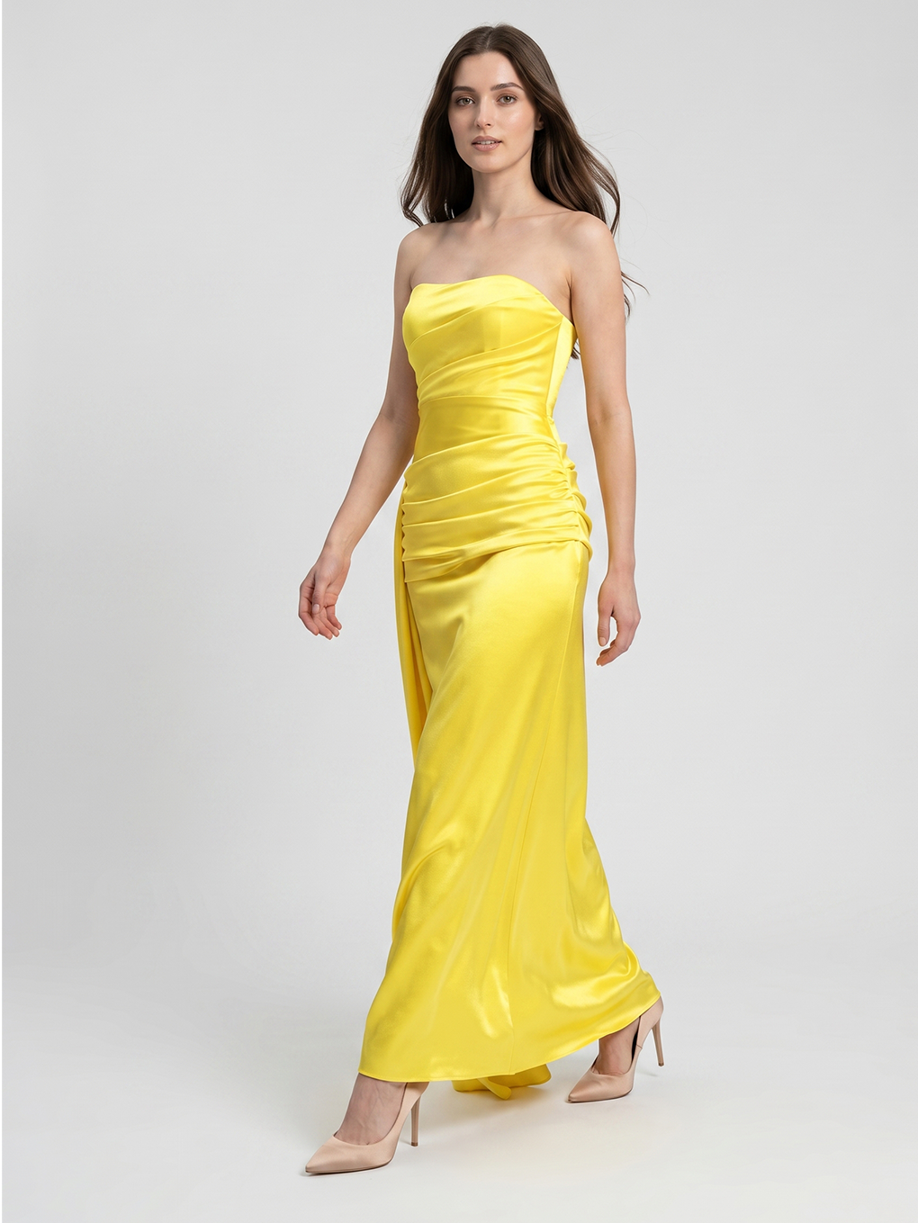 Lemon Satin Trumpet Straight Neck Backless Floor-Length Bridesmaid Dress with Pleats - Curvevia