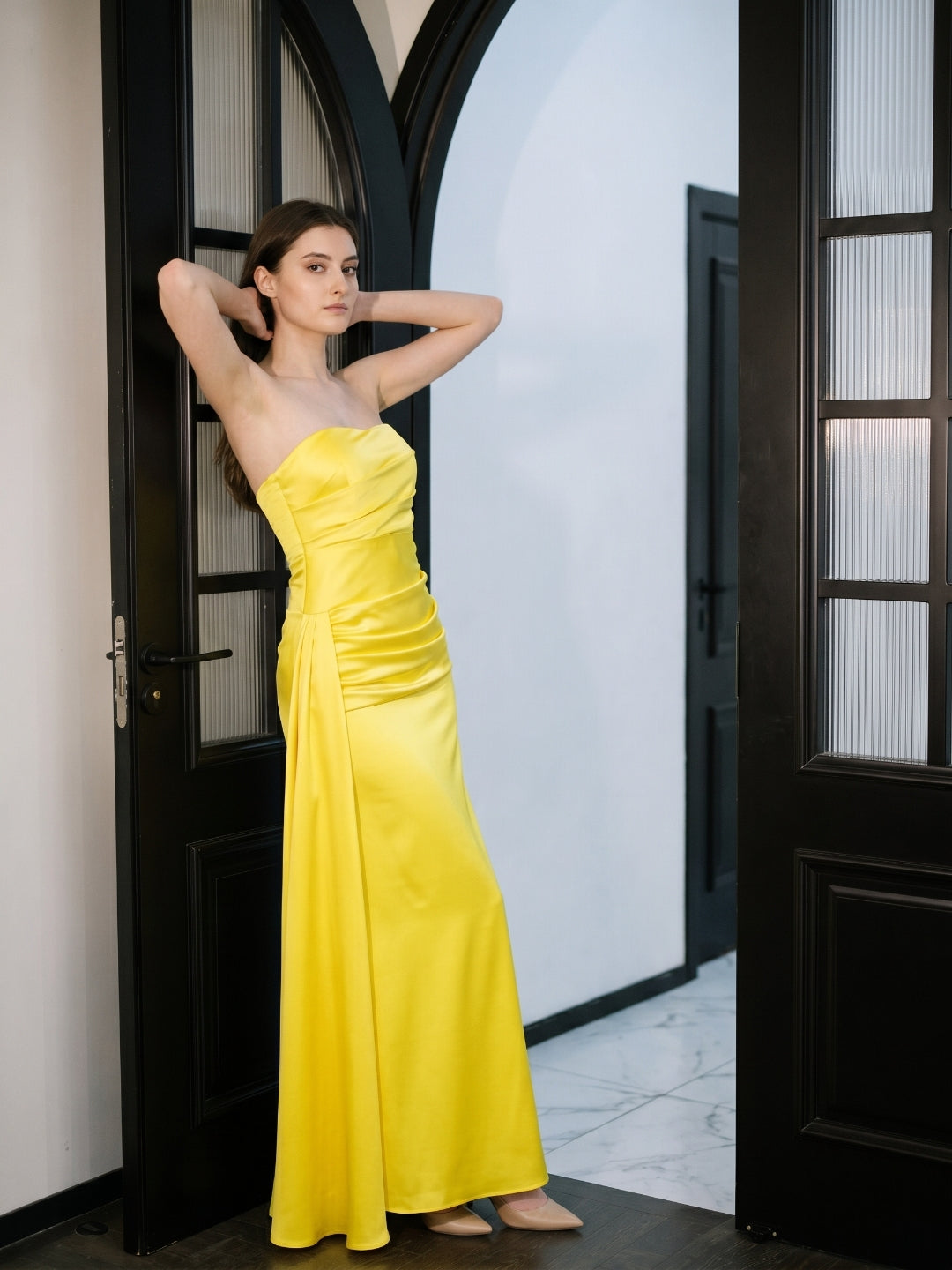 Lemon Satin Trumpet Straight Neck Backless Floor-Length Bridesmaid Dress with Pleats - Curvevia