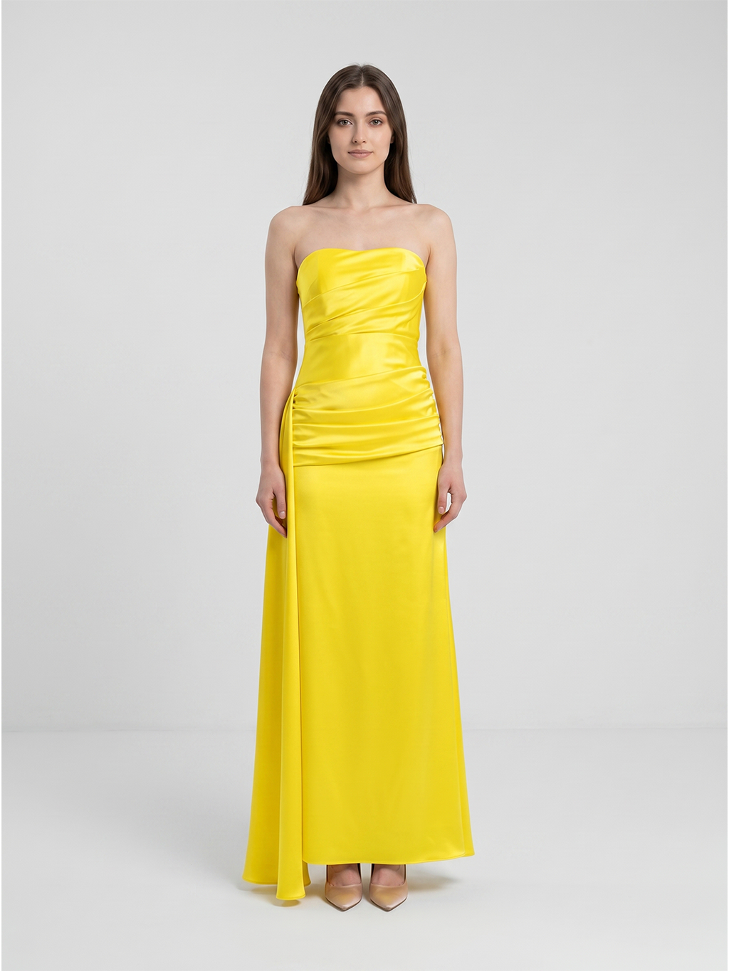 Lemon Satin Trumpet Straight Neck Backless Floor-Length Bridesmaid Dress with Pleats - Curvevia