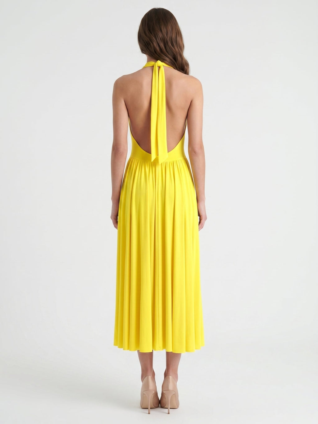 Lemon Stretch Knit A-Line Halter Backless Ankle-Length Bridesmaid Dress with Pleated Skirt - Curvevia