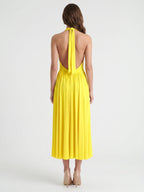 Lemon Stretch Knit A-Line Halter Backless Ankle-Length Bridesmaid Dress with Pleated Skirt - Curvevia