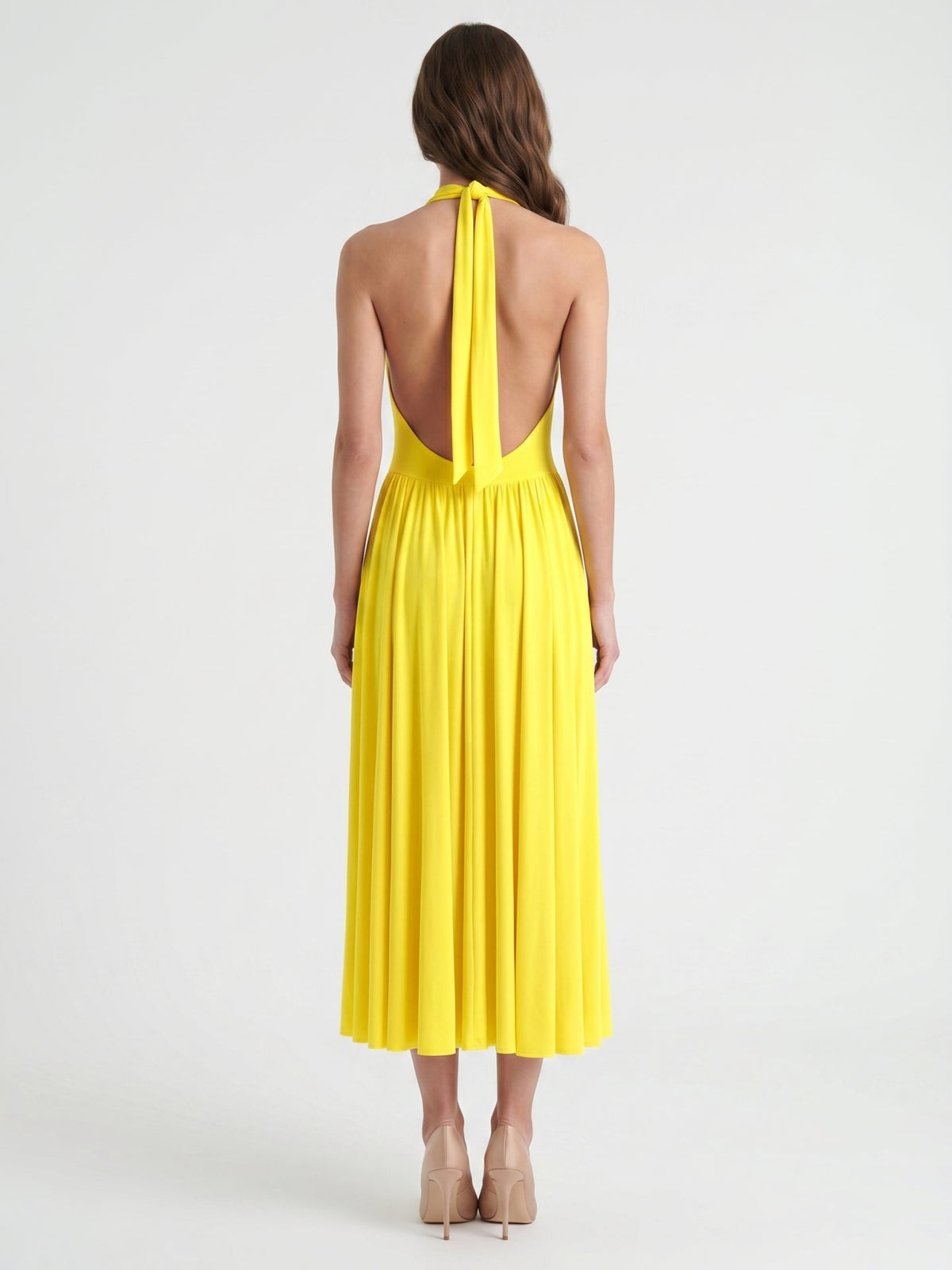 Lemon Stretch Knit A-Line Halter Backless Ankle-Length Bridesmaid Dress with Pleated Skirt - Curvevia