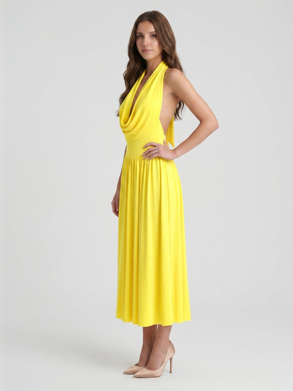 Lemon Stretch Knit A-Line Halter Backless Ankle-Length Bridesmaid Dress with Pleated Skirt - Curvevia