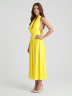 Lemon Stretch Knit A-Line Halter Backless Ankle-Length Bridesmaid Dress with Pleated Skirt - Curvevia