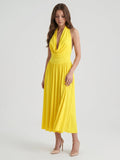 Lemon Stretch Knit A-Line Halter Backless Ankle-Length Bridesmaid Dress with Pleated Skirt - Curvevia