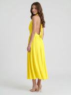 Lemon Stretch Knit A-Line Halter Backless Ankle-Length Bridesmaid Dress with Pleated Skirt - Curvevia