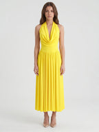 Lemon Stretch Knit A-Line Halter Backless Ankle-Length Bridesmaid Dress with Pleated Skirt - Curvevia