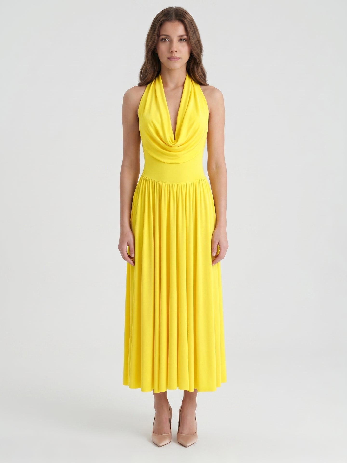 Lemon Stretch Knit A-Line Halter Backless Ankle-Length Bridesmaid Dress with Pleated Skirt - Curvevia