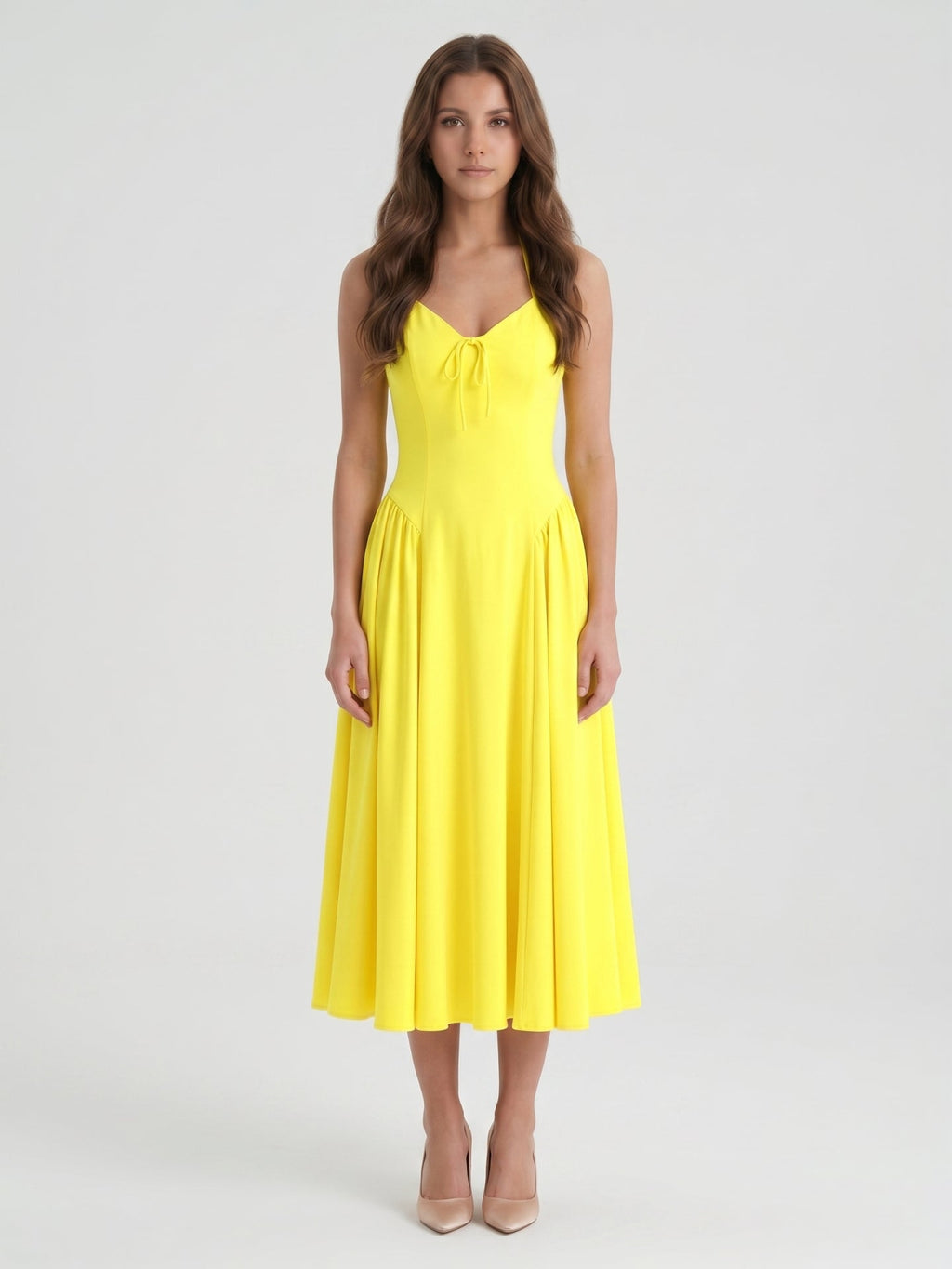 Lemon Stretch Knit A-Line Halter Backless Ankle-Length Bridesmaid Dress with Pleats - Curvevia